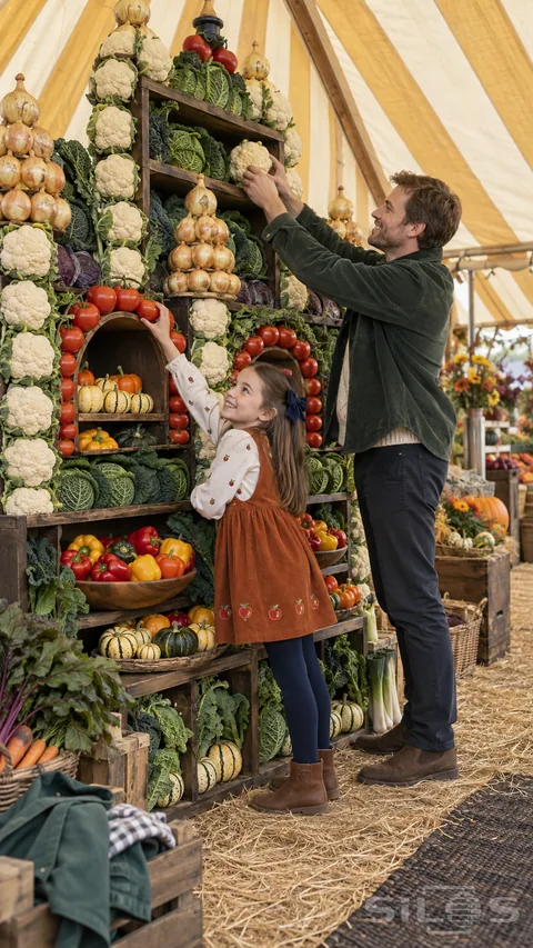 Vegetable harvest palace with a father lifting cauliflower as his daughter reaches toward tomatoes beneath a striped marquee.