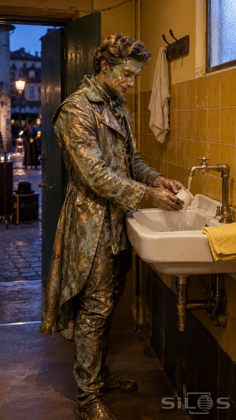 A bronze street performer in patinated fabric rinsing a small ivory cup at a backstage sink beside yellow tiles.