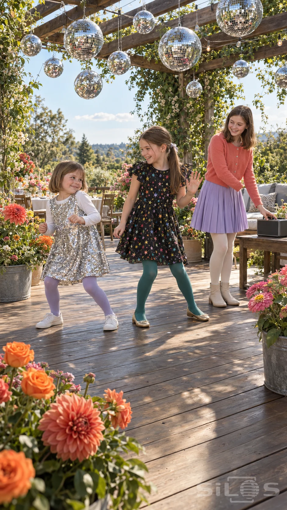 Three girls share freeze dance laughter beneath garden disco balls among bright flowers on a sunny wooden deck.
