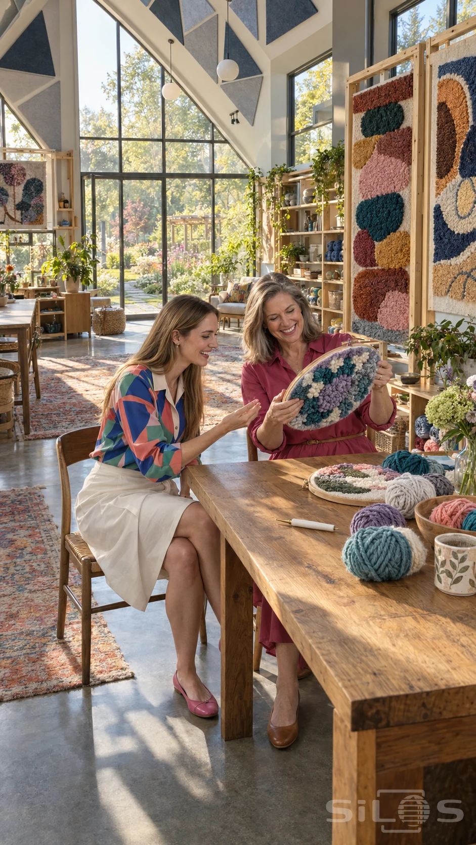 Two women smile at punch needle loops on a lifted hoop in a bright textile art room with tall windows and yarn shelves.