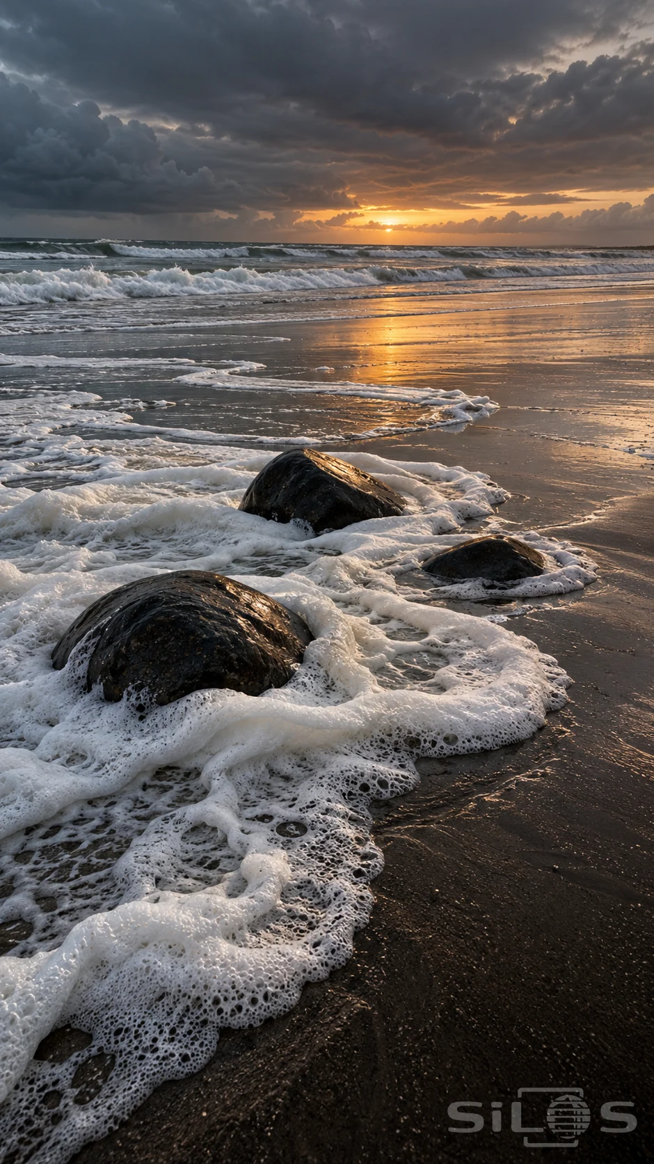 White sea foam forms lacy ridges around dark wet stones on sand, with gray surf and a copper break in the sky.