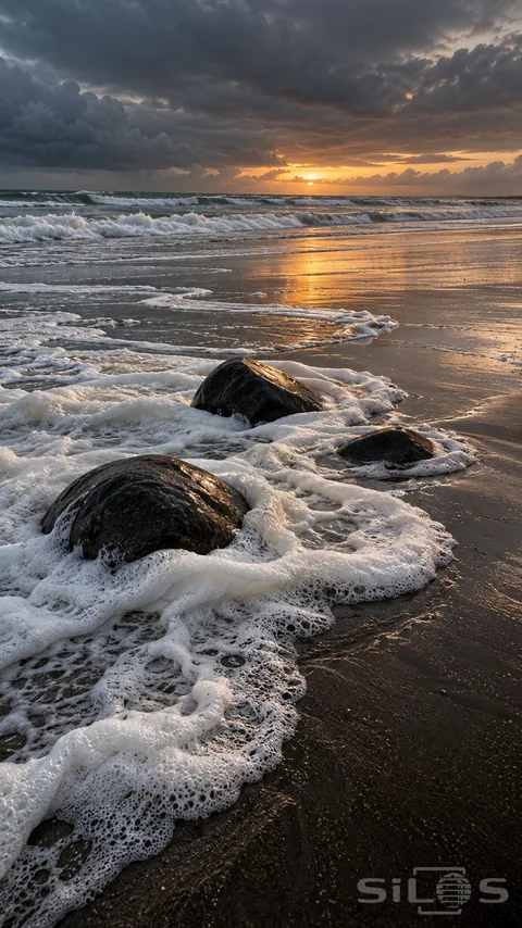 White sea foam forms lacy ridges around dark wet stones on sand; with gray surf and a copper break in the sky.