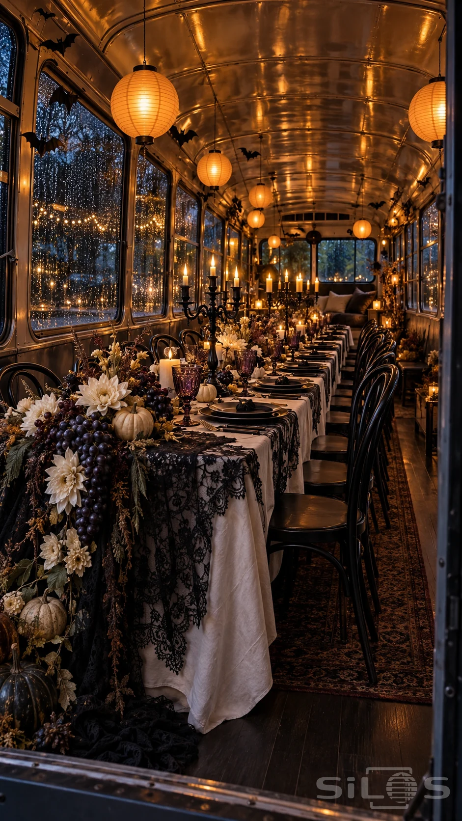 A long Halloween table with black lace, purple glasses and candles fills a parked bus beneath glowing paper lanterns.