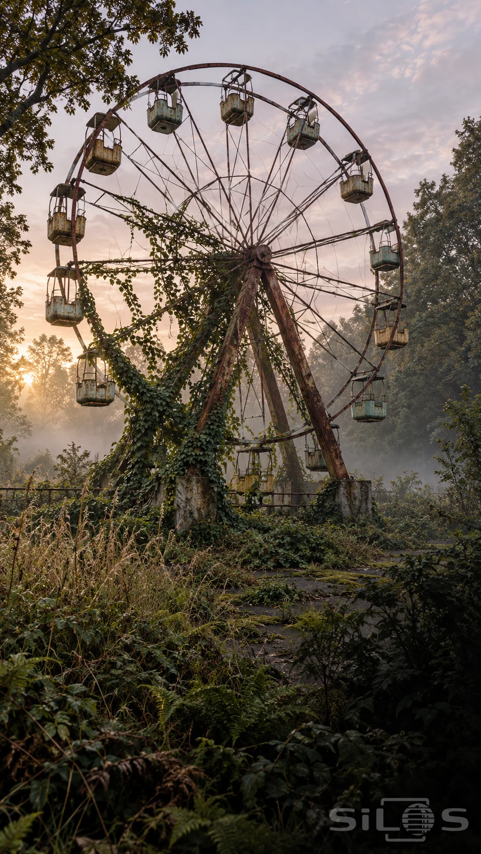 An abandoned Ferris wheel with rusted spokes and empty basket seats stands partly covered in ivy amid dense garden growth.