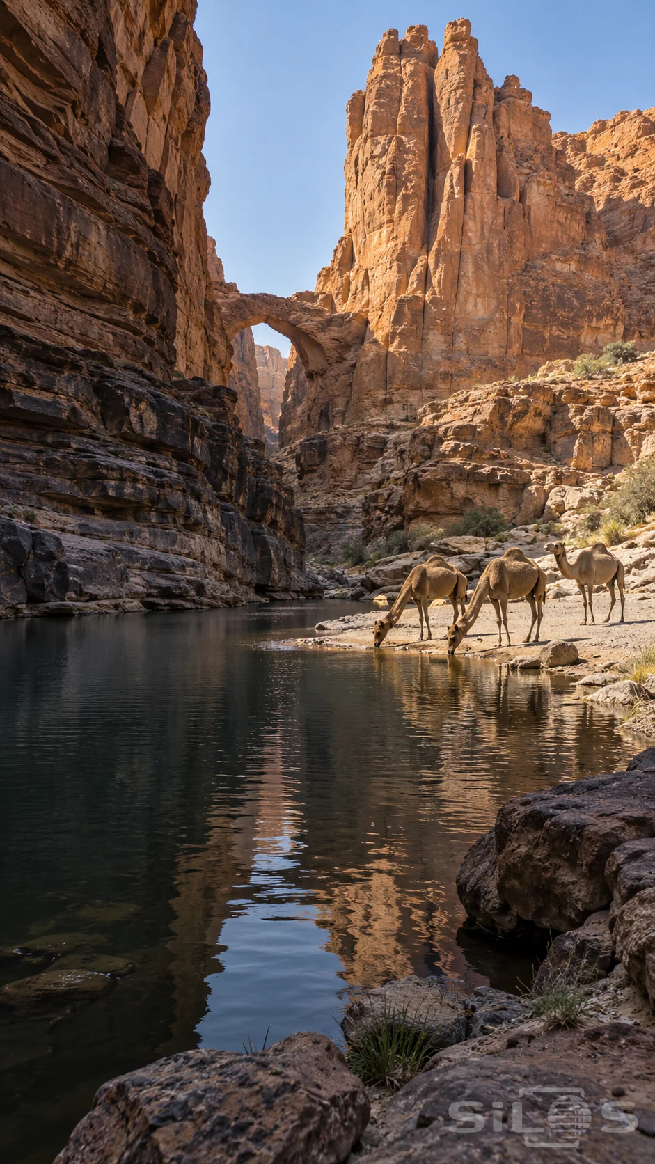 Three camels stand beside a still pool below towering orange sandstone cliffs and a natural arch, with two bending to drink.
