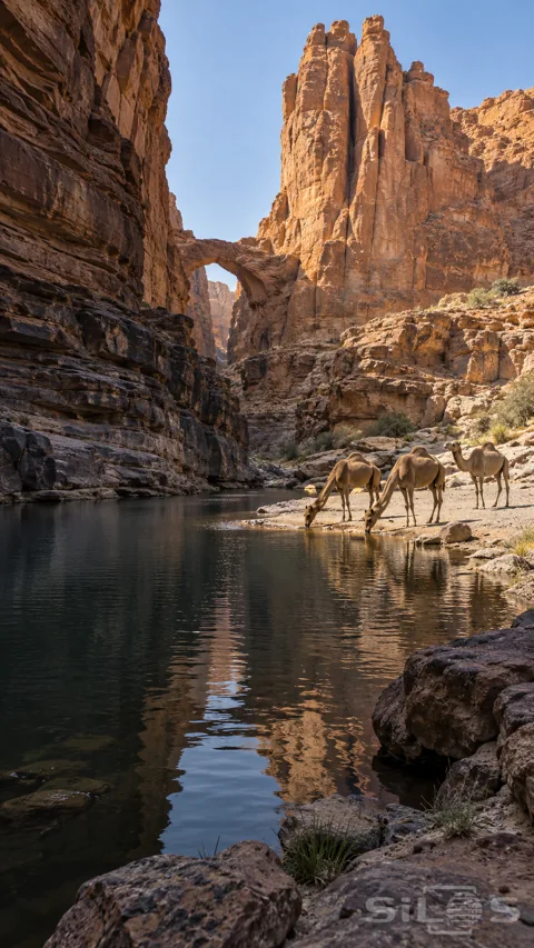 Three camels stand beside a still pool below towering orange sandstone cliffs and a natural arch; with two bending to drink.
