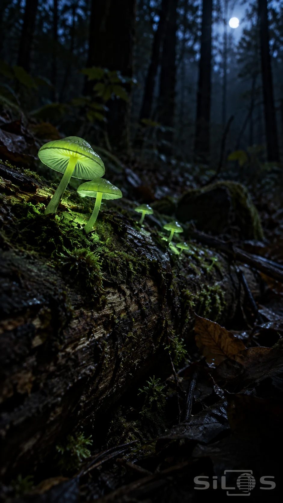 Small green mushrooms glow on a rotting log, with thin stems, radial gills and damp brown leaves around them.