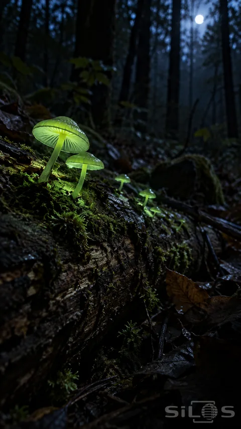 Small green mushrooms glow on a rotting log; with thin stems; radial gills and damp brown leaves around them.