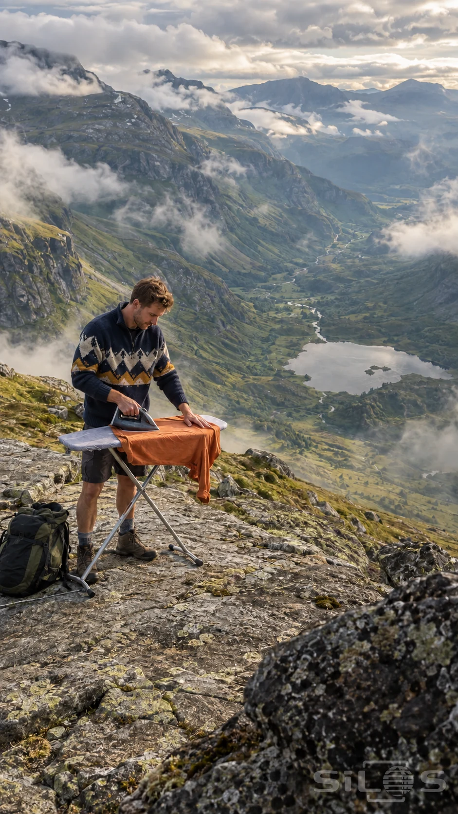 Extreme ironing with an adult hiker pressing an orange shirt on a folding board on a broad rock terrace above a mountain valley.