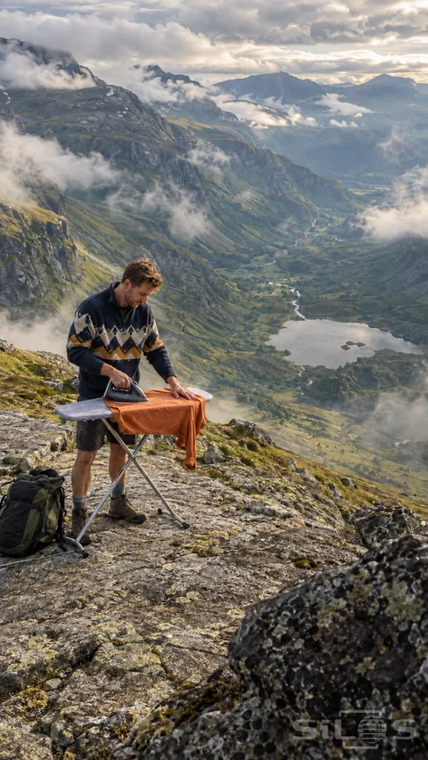Extreme ironing with an adult hiker pressing an orange shirt on a folding board on a broad rock terrace above a mountain valley.