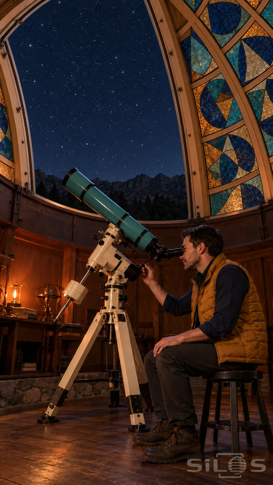 An adult uses a turquoise telescope beneath a mosaic dome, aiming through the open roof toward the night sky.