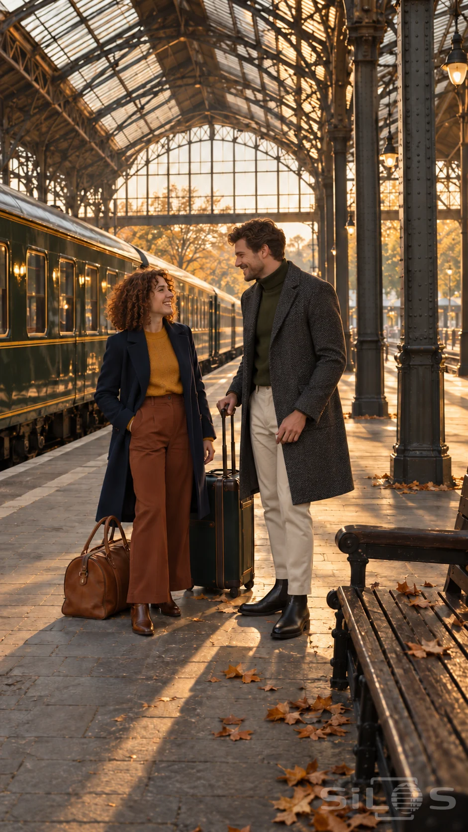 Two adult friends in autumn wool coats smile beside their luggage and a green train beneath a sunlit iron-and-glass station roof.