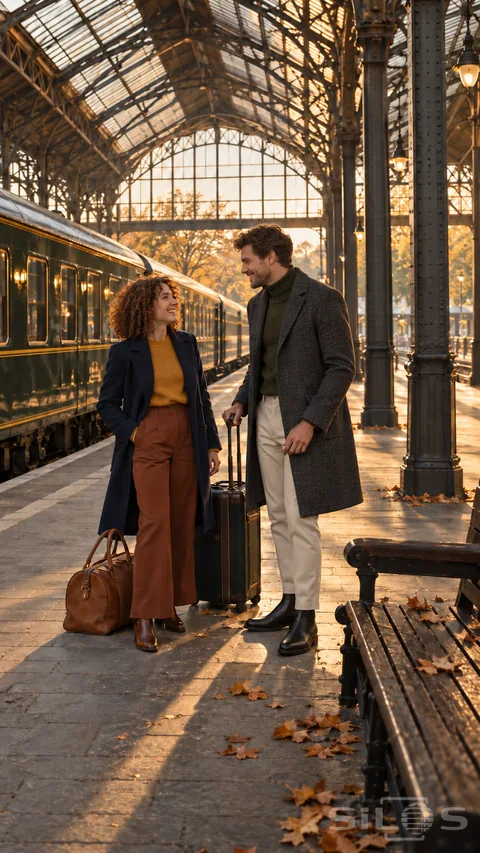 Two adult friends in autumn wool coats smile beside their luggage and a green train beneath a sunlit iron-and-glass station roof.