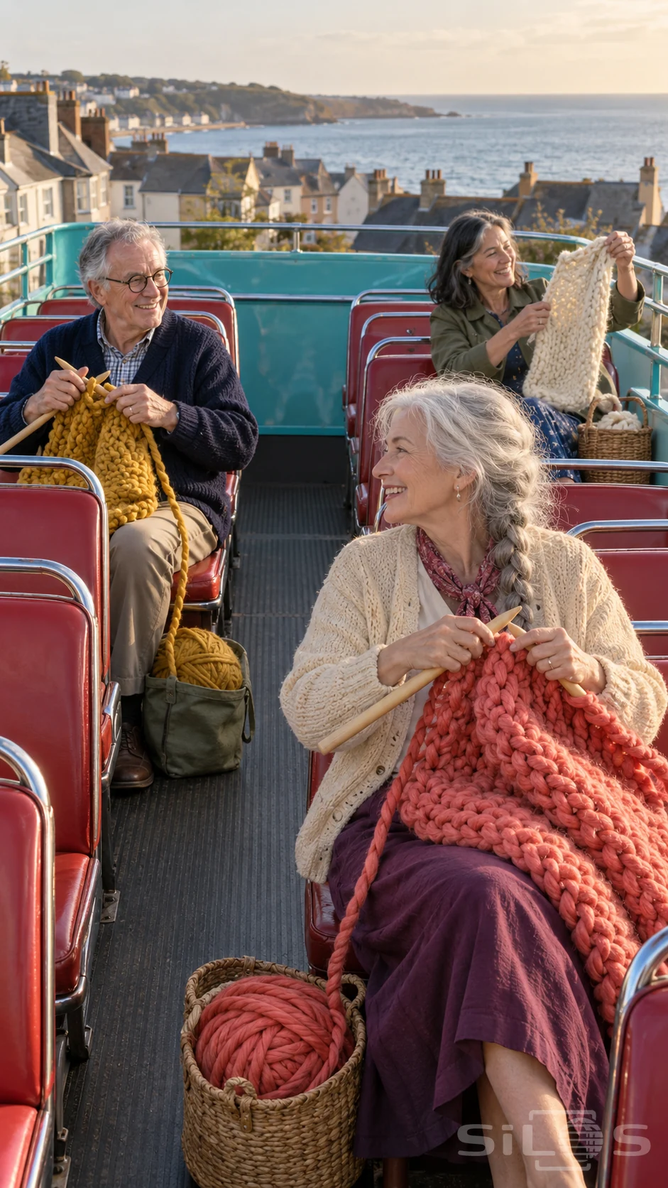 Three older friends enjoy giant knitting on an open top bus, with bright wool, red seats and a view across the sea.