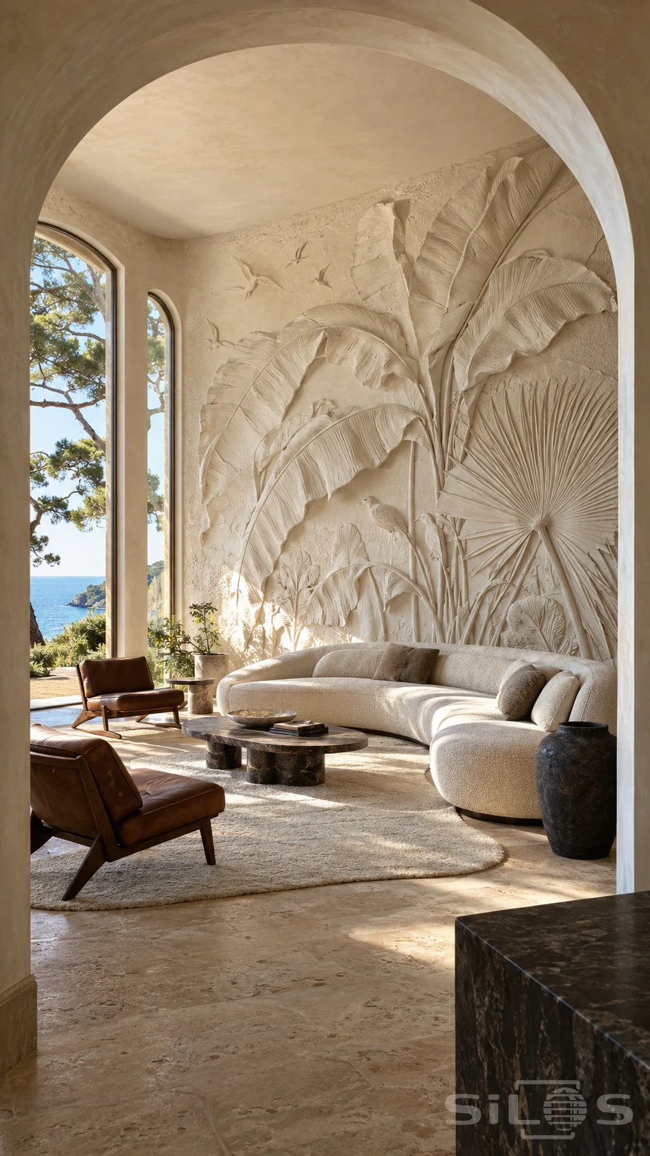Giant tropical leaves sculpted in ivory plaster behind a curved cream sofa beside tall windows overlooking the sea