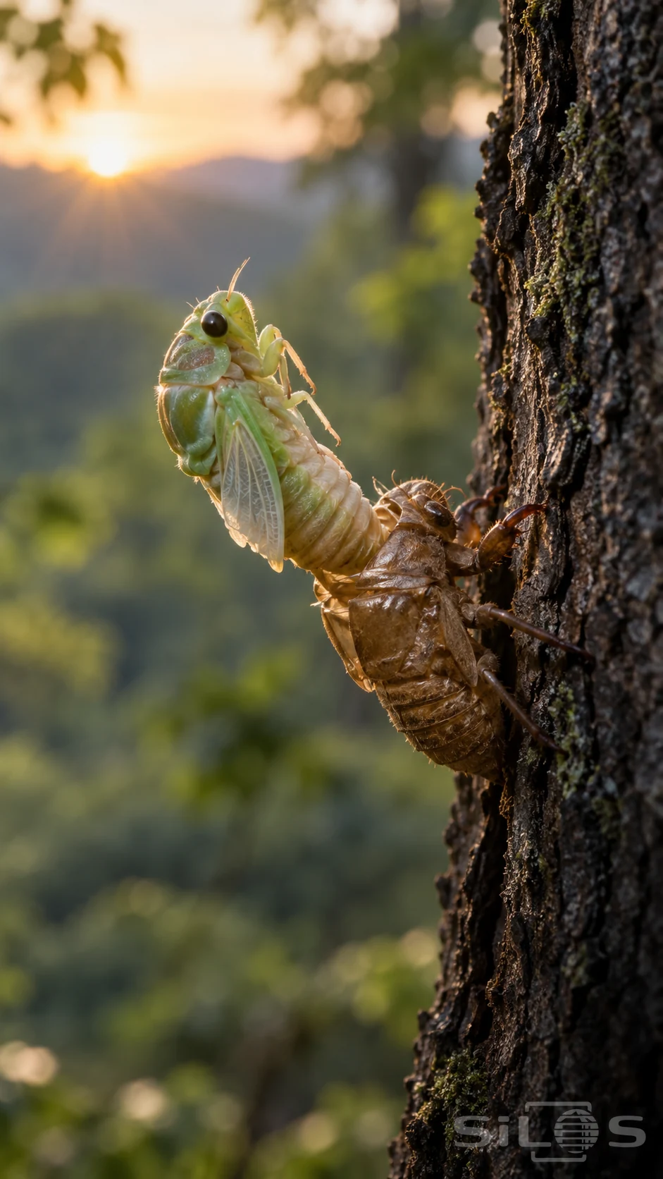 A pale green cicada emerges backward from a brown shell attached to rough bark, with the sunrise softly blurred behind.