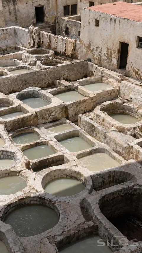Pale tannery vats packed into a weathered courtyard; with cream and celadon liquids; rough dividing walls and a faded coral roof.