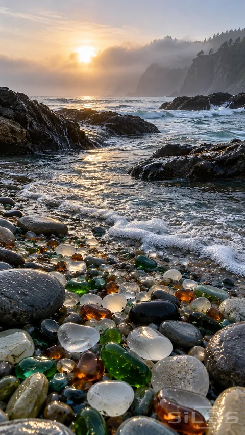 Sea glass tide washes over green and amber pebbles beneath dark rocks and misty coastal cliffs.