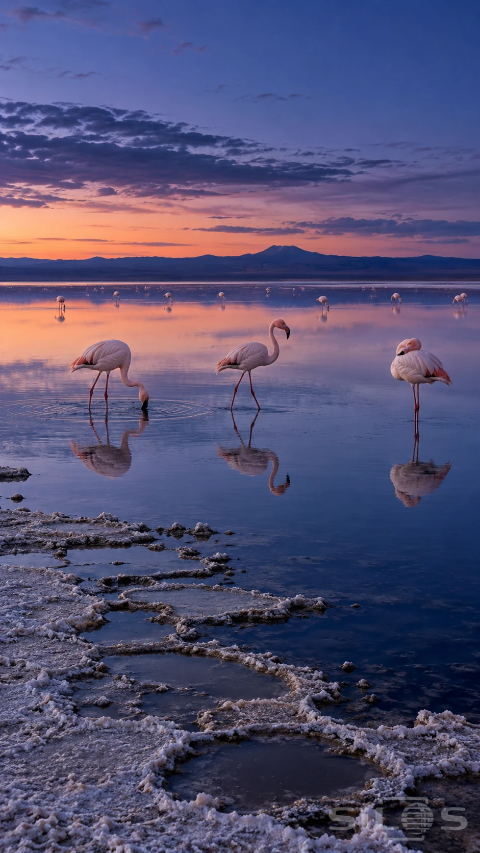 Three flamingos feed, step and rest in a reflective salt lagoon beneath blue twilight, with salt crust along the near shore.