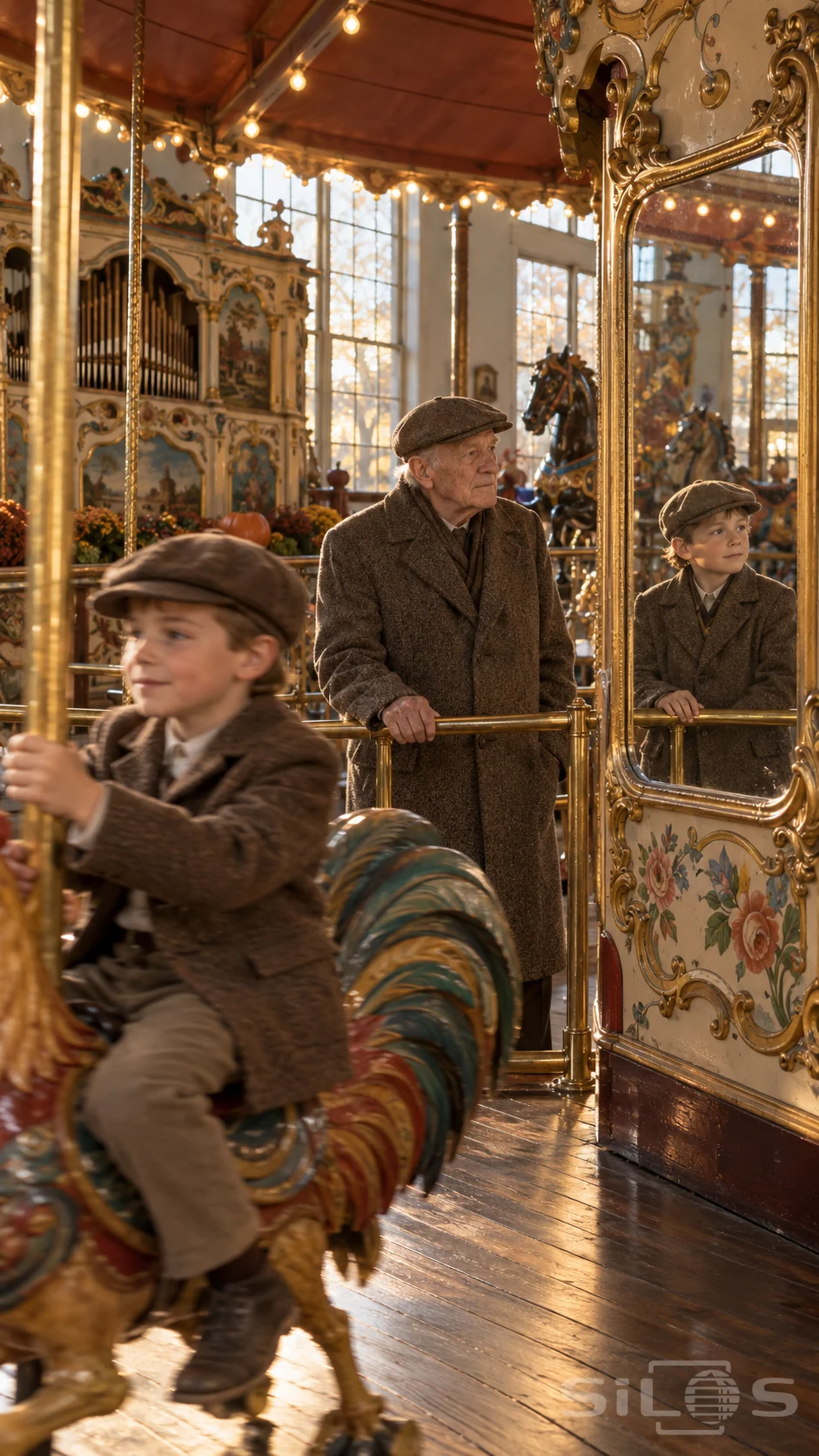An old man holds a carousel rail beside a mirror reflecting him as a boy while another child rides a painted cockerel past.