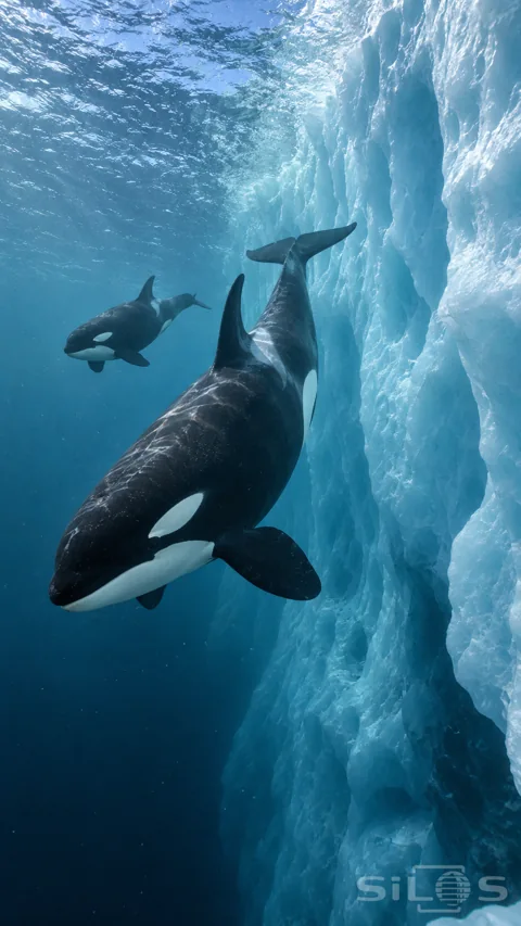 An adult orca and a smaller calf swim beside a tall submerged blue ice wall; with rippling daylight above and dark water below.
