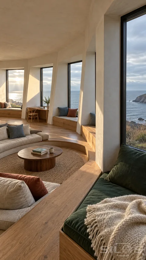 Deep sea-facing window alcoves with splayed plaster walls and oak seats surround a sunken cream sofa; with a green reading nook in the foreground.