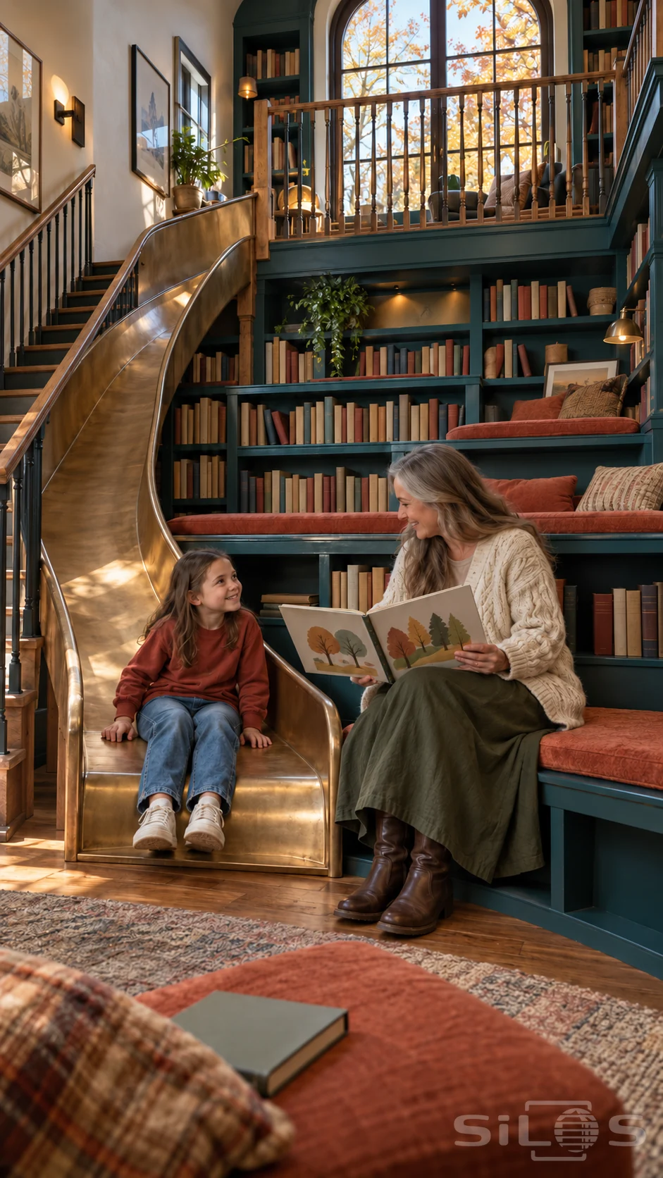 A girl sits at the bottom of a brass library slide beside an older woman holding an open picture book, surrounded by teal bookshelves.
