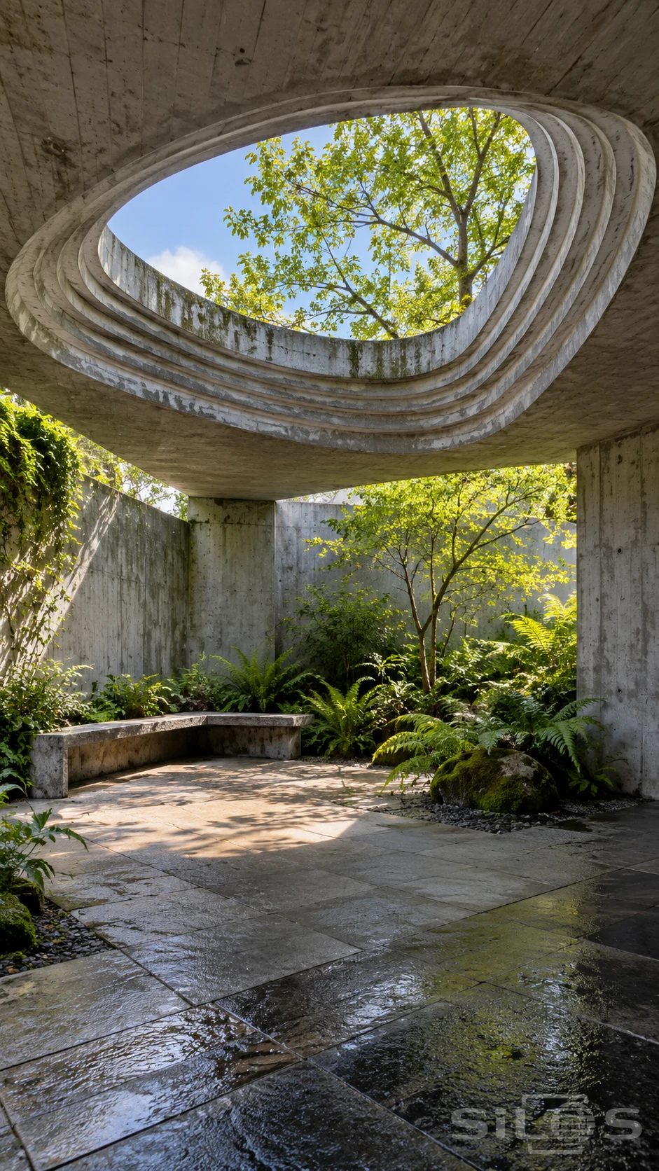 A rounded opening with several recessed concrete steps frames blue sky and leaves above a fern-filled garden court.