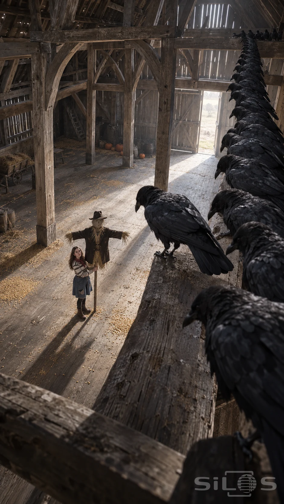 Crows line a high barn beam above a woman holding a finished scarecrow on the wooden floor below.