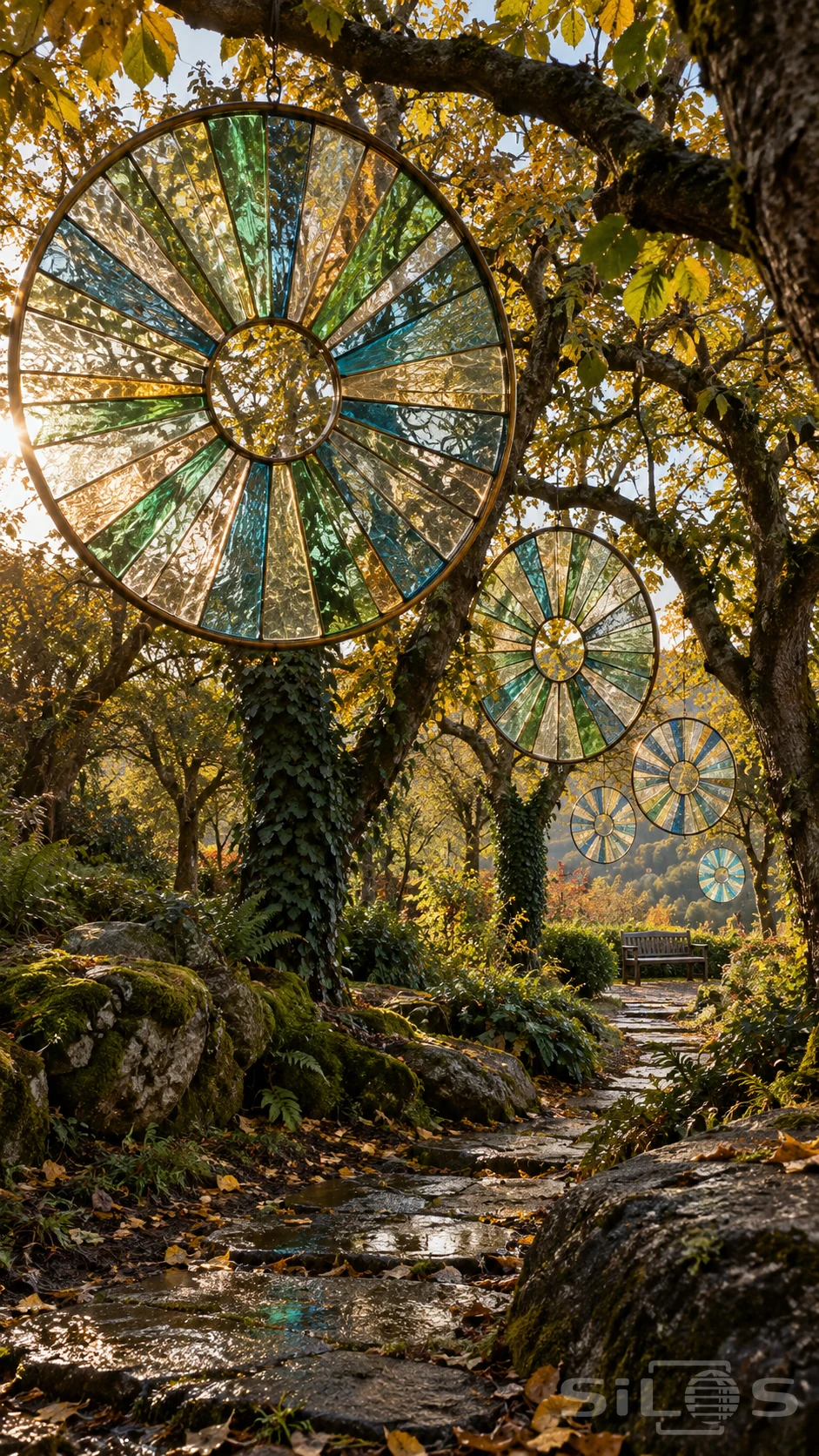 Five circular glass wheels hang among autumn trees along a mossy stone path leading to an empty bench.