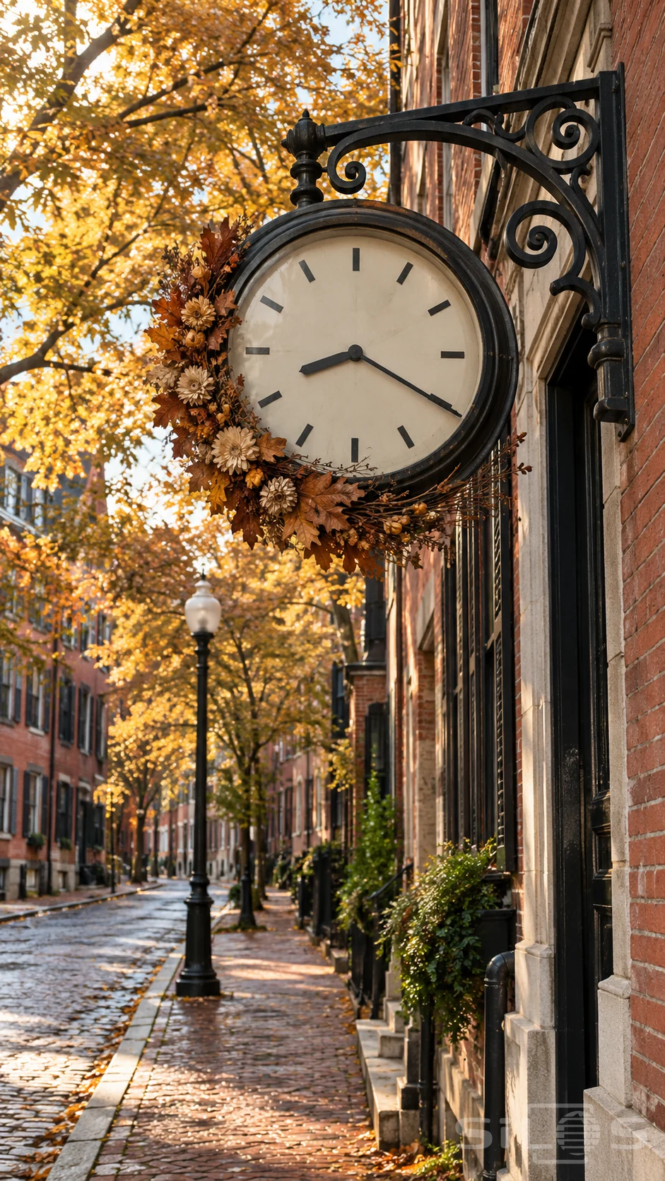 An autumn street clock hangs from an iron bracket with a dried leaf crescent above an empty red-brick streetscape.
