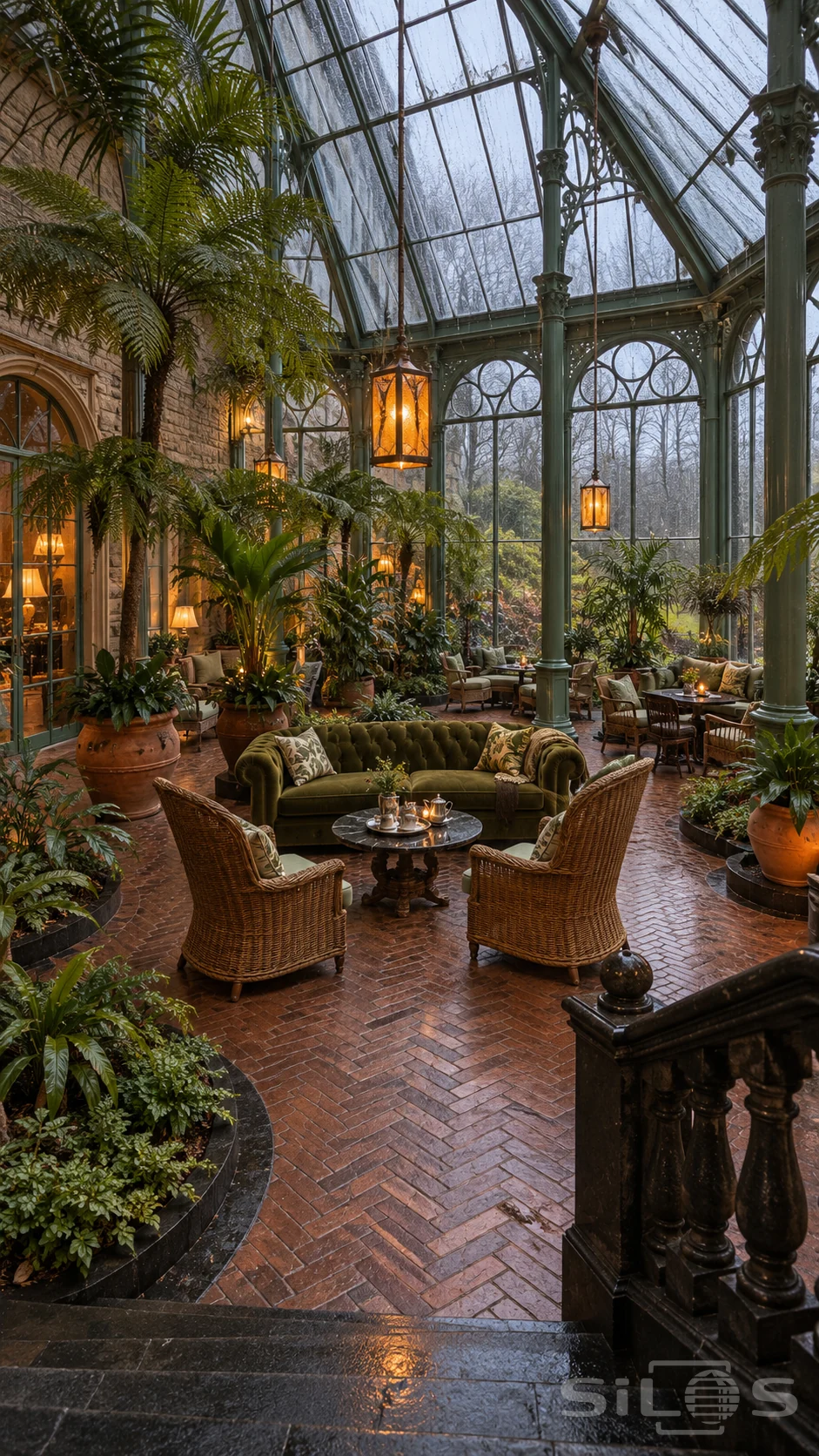 Rainy glass conservatory with sage iron columns, amber lanterns, tall palms, an olive velvet sofa and wicker chairs on a brick floor.