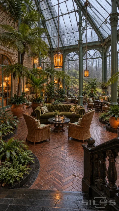 Rainy glass conservatory with sage iron columns; amber lanterns; tall palms; an olive velvet sofa and wicker chairs on a brick floor.