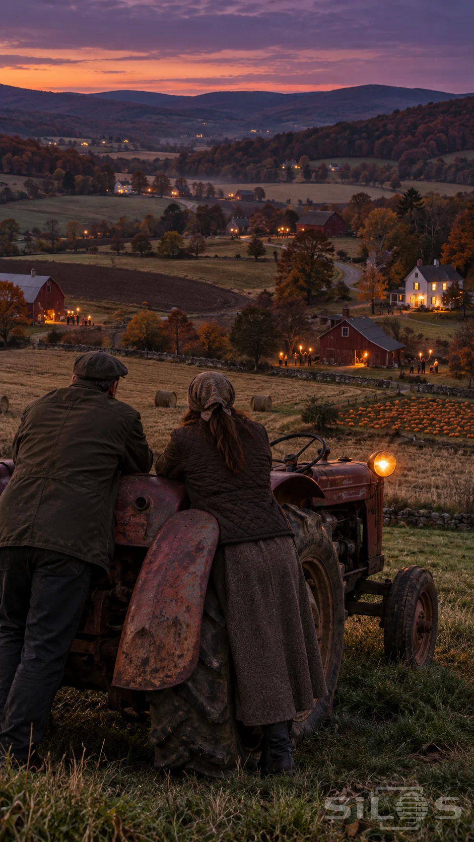 A man and woman lean on a rusty tractor with one lit headlamp above an autumn valley of farms, pumpkin fields and torchlit families.