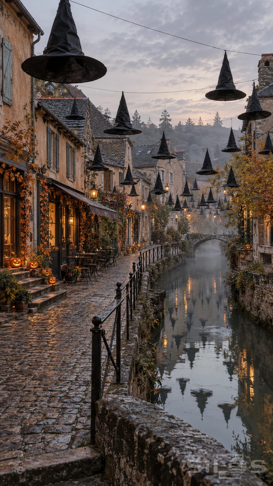 Black cloth witch hats suspended over an empty stone canal street, with warm windows, pumpkins and a distant arched footbridge.