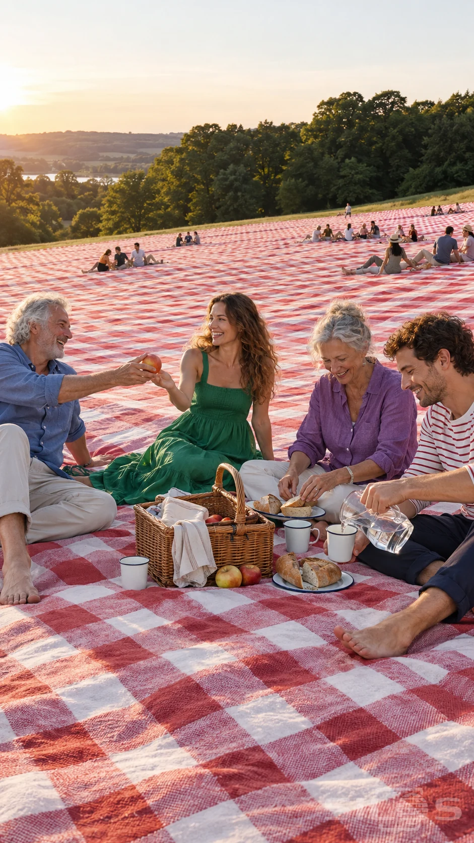 Four adults share fruit, bread and water during a giant checkered picnic, with more groups sitting across the hillside cloth.