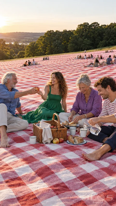 Four adults share fruit; bread and water during a giant checkered picnic; with more groups sitting across the hillside cloth.