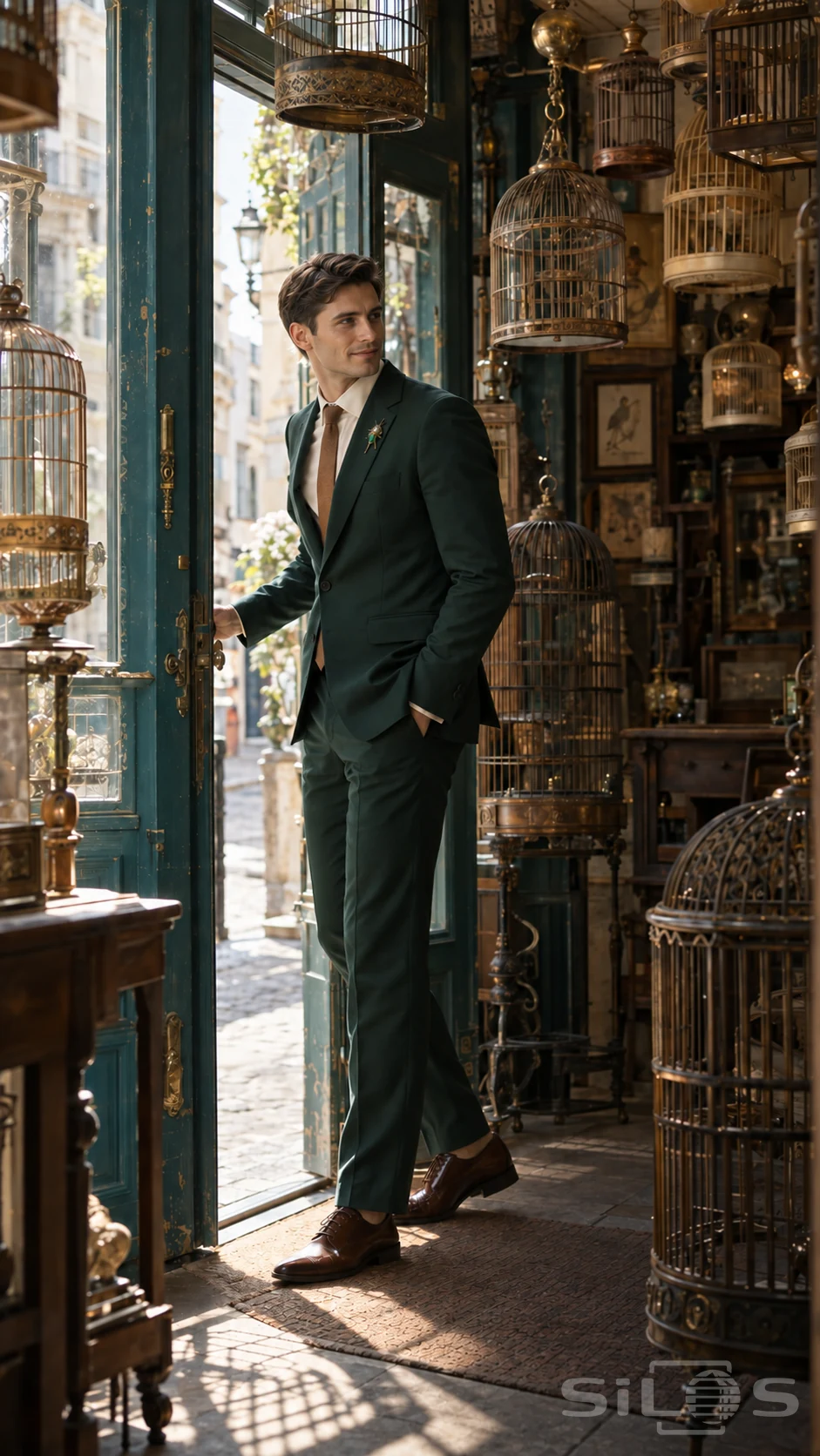 Emerald suit with a beetle brooch worn by a man holding a teal doorway among empty antique birdcages.