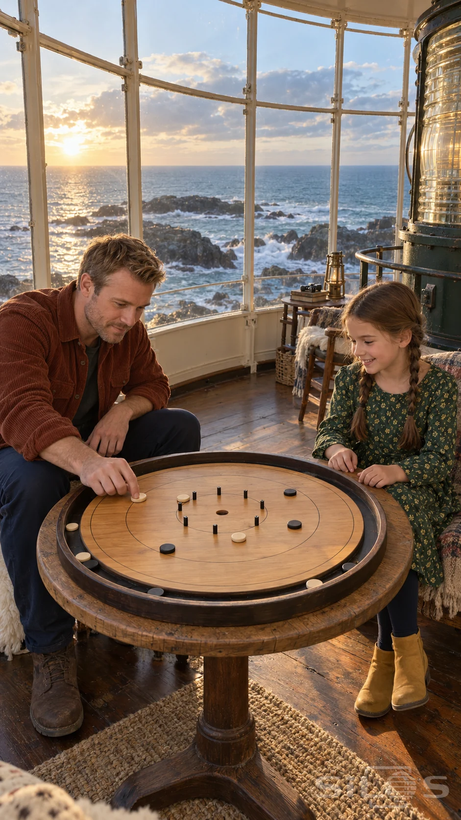 A father and daughter play lighthouse crokinole on a round wooden board beside curved windows overlooking the sea.