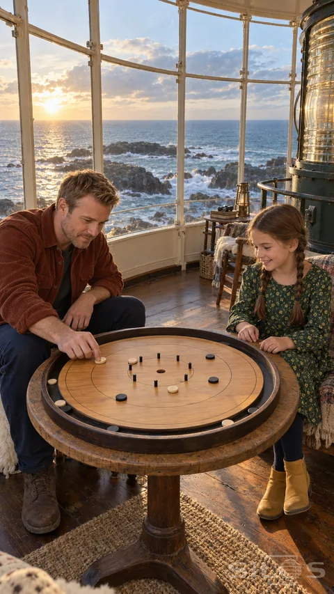 A father and daughter play lighthouse crokinole on a round wooden board beside curved windows overlooking the sea.