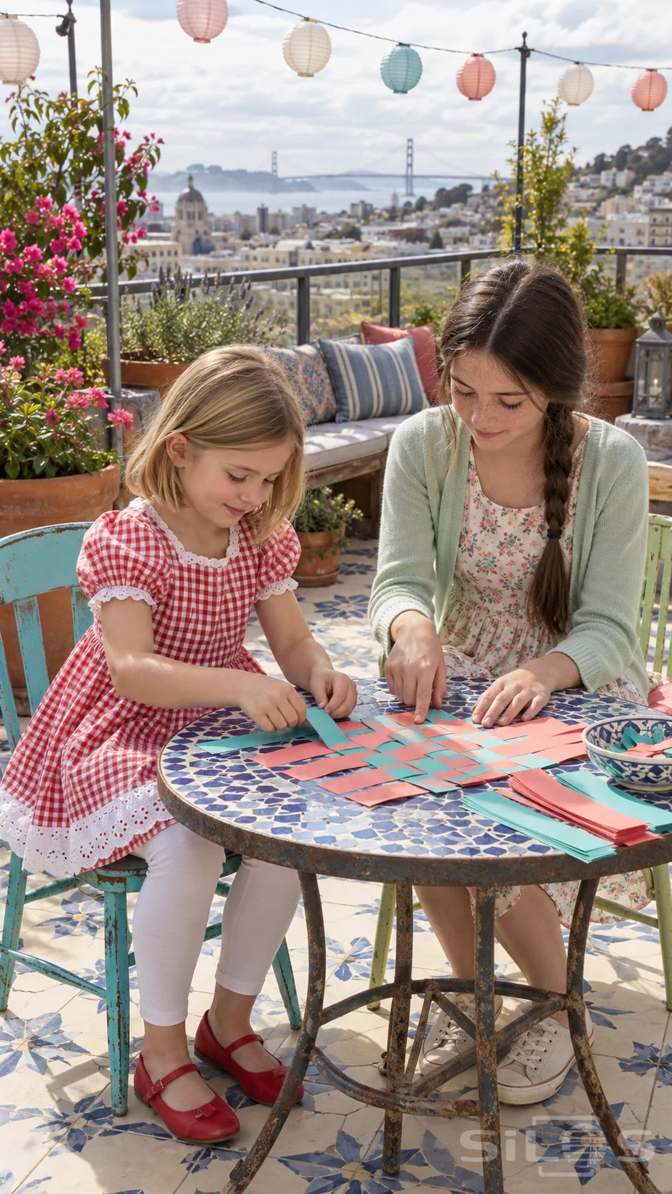 Two sisters share paper weaving at a mosaic table on a lantern terrace above a sunlit harbor.