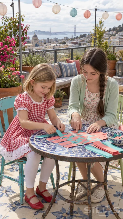 Two sisters share paper weaving at a mosaic table on a lantern terrace above a sunlit harbor.