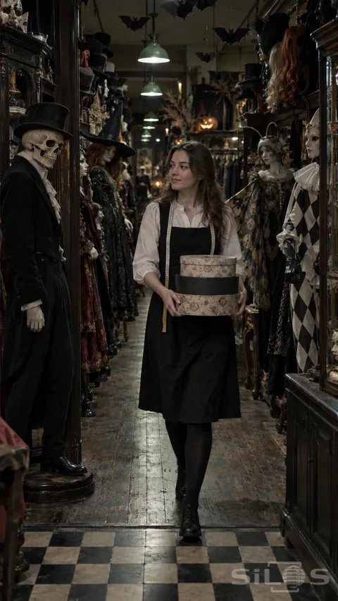 A woman carrying round hat boxes glances at a skull-masked mannequin in a black top hat among dark costumes and paper bats.
