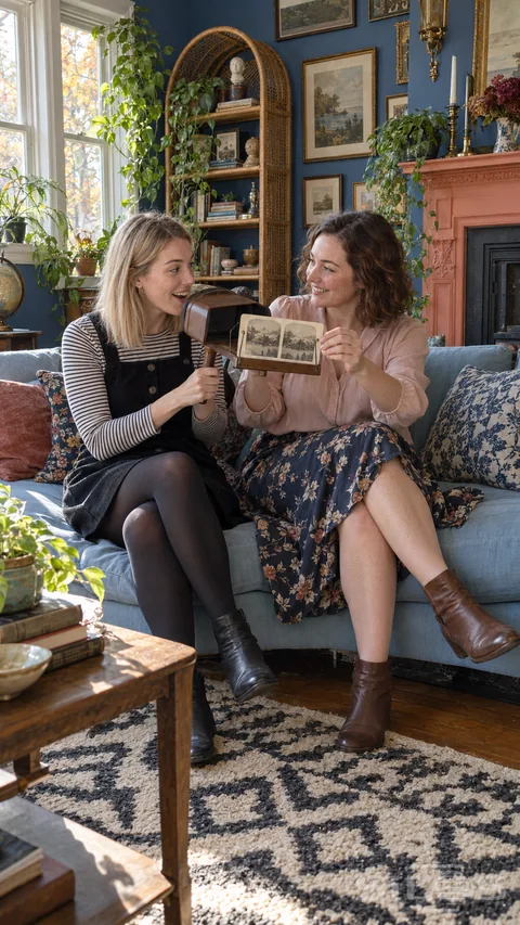 Two seated friends share a wooden stereoscope and paired landscape card in a cobalt parlor with rattan shelves and a coral fireplace.