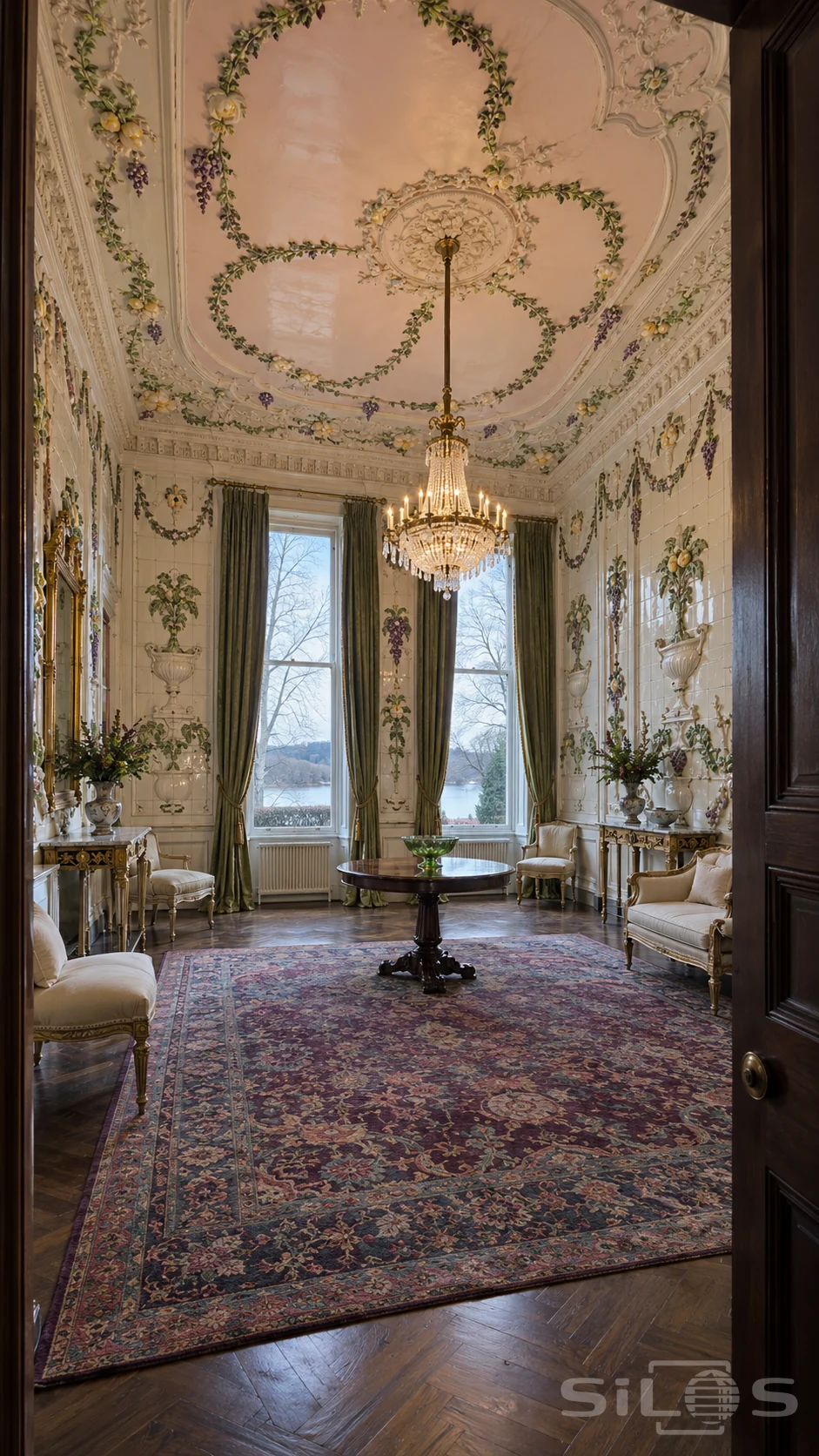 Tall drawing room with raised porcelain garlands, pink ceiling, crystal chandelier, green curtains and a richly patterned carpet.
