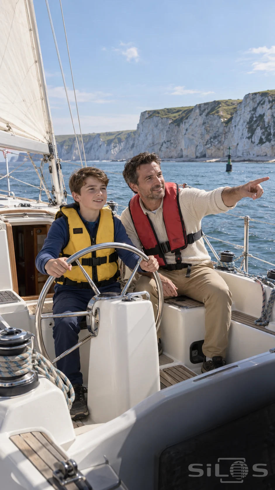 A boy in a yellow life jacket grips a sailing wheel while his father stands nearby in a white cockpit with sea cliffs behind them.
