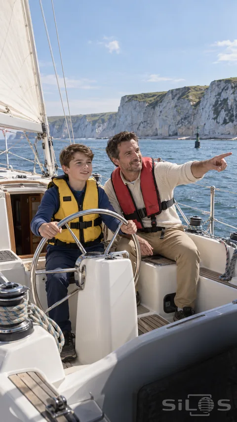 A boy in a yellow life jacket grips a sailing wheel while his father stands nearby in a white cockpit with sea cliffs behind them.