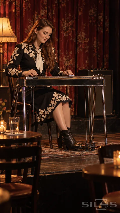 A woman in black clothing with ivory floral applique plays a pedal steel guitar in front of a red curtain.