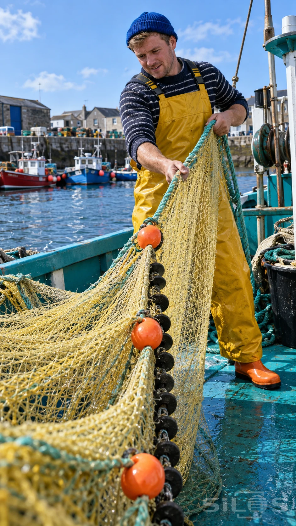 A fisherman in yellow waterproof overalls lifts colored nets with orange fishing floats aboard a turquoise boat in a working harbor.