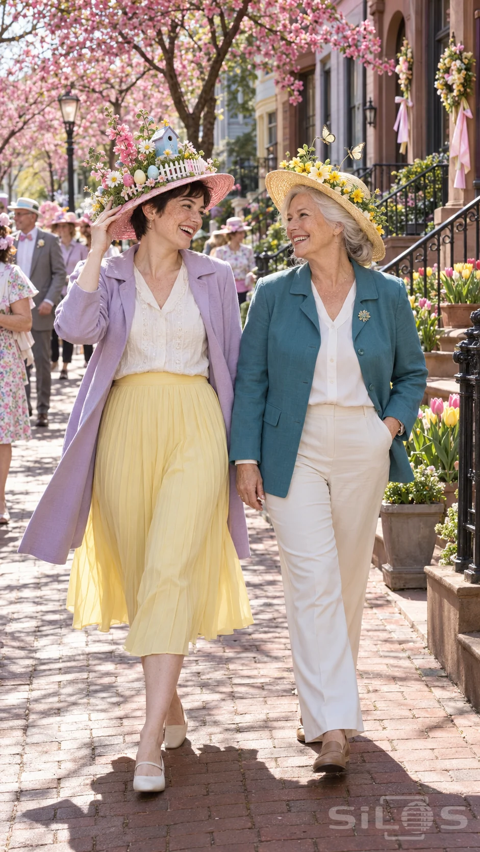 Two adult women laugh beneath elaborate Easter bonnets while walking past tulips and flowering trees at a spring parade.